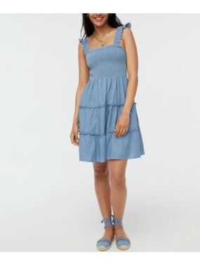 J. Crew Factory Dress - smocked tiered mini dress chambray light denim wash